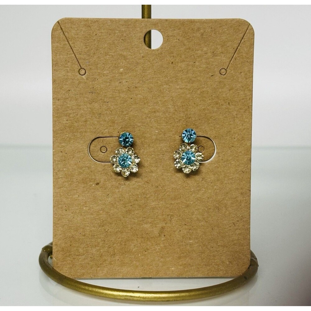 Vintage Floral Earrings Blue Clear Rhinestone Gold Tone Mid Century Screw Back